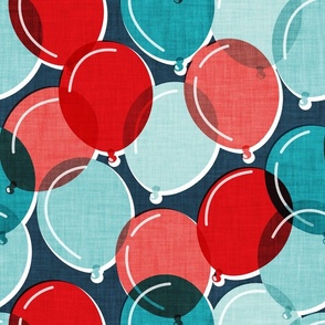 Normal scale // Party time // nile blue background mint aqua coral and red rounded transparent faux textured birthday balloons 