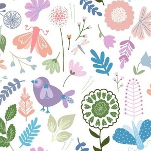 Folk floral garden, cute, pretty, childrens wear, spring, summer - fabric  9.3x8" wallpaper 24x21" 