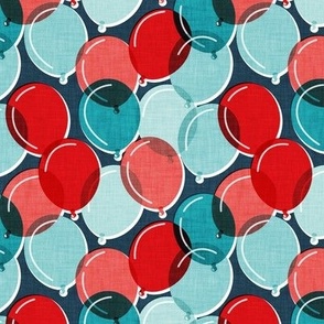 Small scale // Party time // nile blue background mint aqua coral and red rounded transparent faux textured birthday balloons 