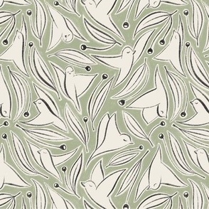 Birds and Berries | Creamy White, Light Sage Green, Raisin Black 02 | All Over Print