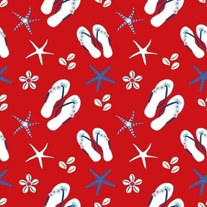 Red Blue Flip Flop Starfish and Sea Shells 