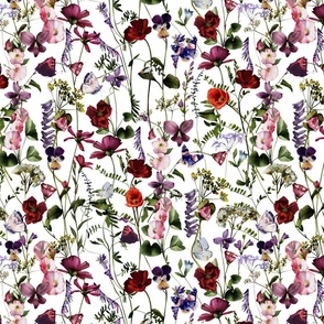 14" A beautiful cute dark red poppies and Wildflowers Meadow flower garden with wildflower and grasses and insects on white background-  for home decor Baby Girl  and nursery  fabric perfect for kidsroom wallpaper,kids room single layer