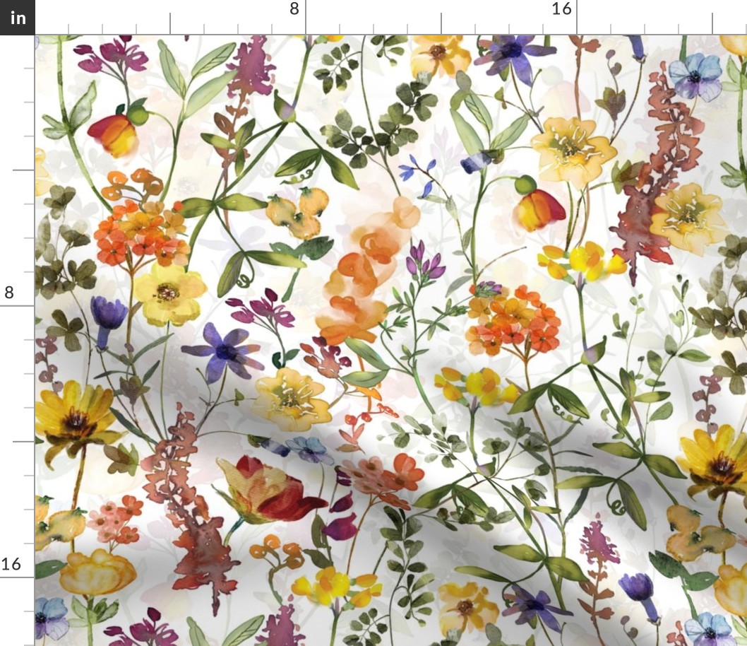 18" Dried Pressed Wildest Yellow and orange Wildflowers Meadow   white- double layer -   for home decor Baby Girl and nursery fabric perfect for kidsroom wallpaper,kids room