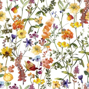 18" Dried Pressed Wildest Yellow and orange Wildflowers Meadow   white-    for home decor Baby Girl and nursery fabric perfect for kidsroom wallpaper,kids room