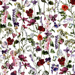 18" A beautiful cute dark red poppies and Wildflowers Meadow flower garden with wildflower and grasses and insects on white background-  for home decor Baby Girl  and nursery  fabric perfect for kidsroom wallpaper,kids room single layer