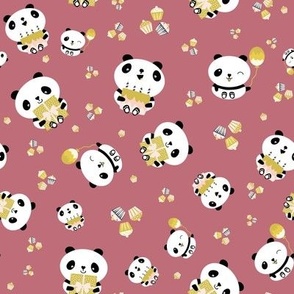 Birthday Pink Gold Kawaii Pandas Cake Balloons 