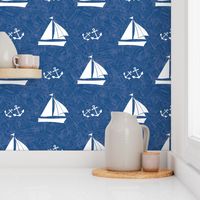 Blue White Sailing Boats and Anchors in the Ocean 