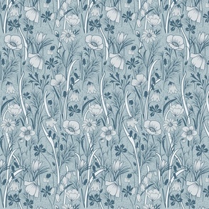 Liberty Field of Flowers Victorian Art Nouveau Arts and Crafts White on Lt Slate Blue