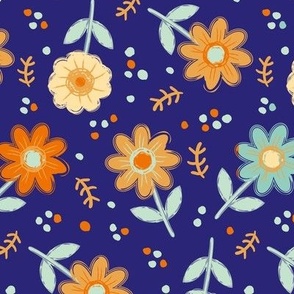 Blue Orange Crayon Style Tropical Flowers  Large