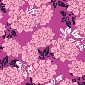 Medium Scale - Vintage Peony Silhouettes on Rose Pink Background