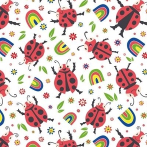 Cute Happy Ladybugs Colorful Rainbows and Flowers