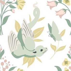 Hummingbird Feather Dragon & Butterfly // Sage & Mustard on White // Forest Floral Bouquet // Medium 