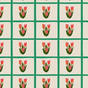 Neon Pink Tulips Seafoam Green Windowpane Plaid Multi Color Spring Floral Large Scale