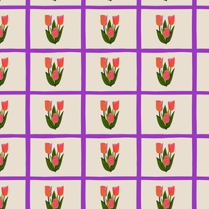 Neon Pink Tulips Purple Windowpane Plaid Multi Color Spring Floral Large Scale
