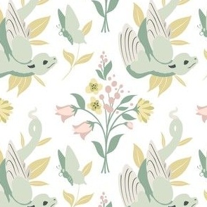 Hummingbird Feather Dragon & Butterfly // Sage & Mustard on White // Forest Floral Bouquet // Small 