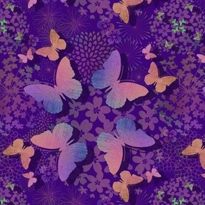 Multicolored butterflies and flowers on purple