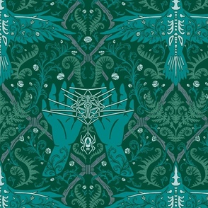 woodland weaver // large scale // pantone ultra steady palette // green, blue, teal, cat's cradle, raven, spider, ferns