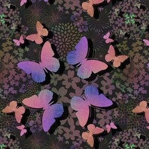 Multicolored butterflies and flowers on black