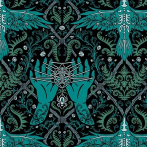 woodland weaver // large scale // black, teal, cat's cradle, raven, spider, ferns