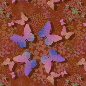 Multicolored butterflies and flowers on burnt orange