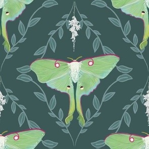 Bohemian Luna Moth on dark green background with white bell flowers and green leaves and vines. 