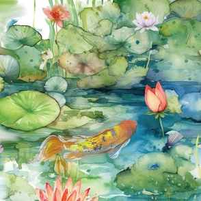 Hawaiian Water Lily Pond with Dragonfly Koi and Butterfly Staggered Repeat Watercolor by kedoki - from our local pond