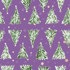 Holiday christmas tree over purple orchid background with yellow stars