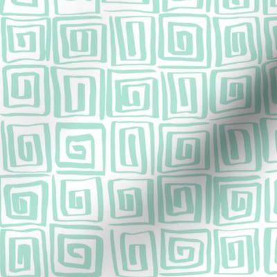Hand Drawn Greek Key Square Spirals Motif, Seafoam Green and White (Medium Scale)