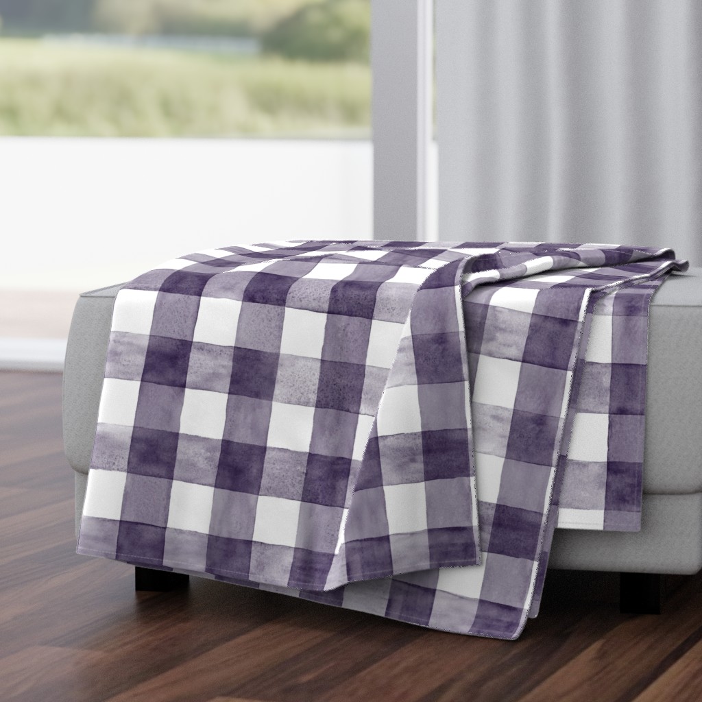 Purple Eggplant Watercolor Gingham - Large Scale -Dark Purple Aubergine Checkers Buffalo Plaid Checkers