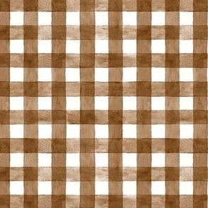 Sepia Brown Watercolor Gingham - Ditsy Scale - Sienna Russet Western Checkers Buffalo Plaid Checkers White
