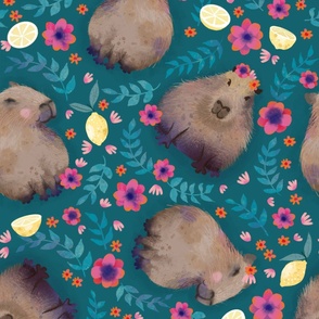 Capybaras with flowers and lemons on green large