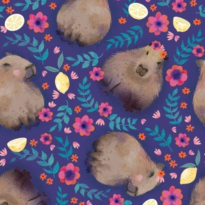 Capybaras with flowers and lemons on purple large
