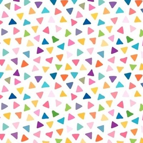 Colorful hand drawn abstract geometric mosaic with scattered triangles in blue, pink, orange, green and yellow colors