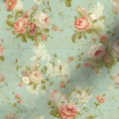 Coral Roses blue green Vintage style 