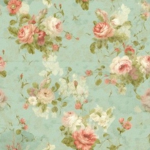 Coral Roses blue green Vintage style 