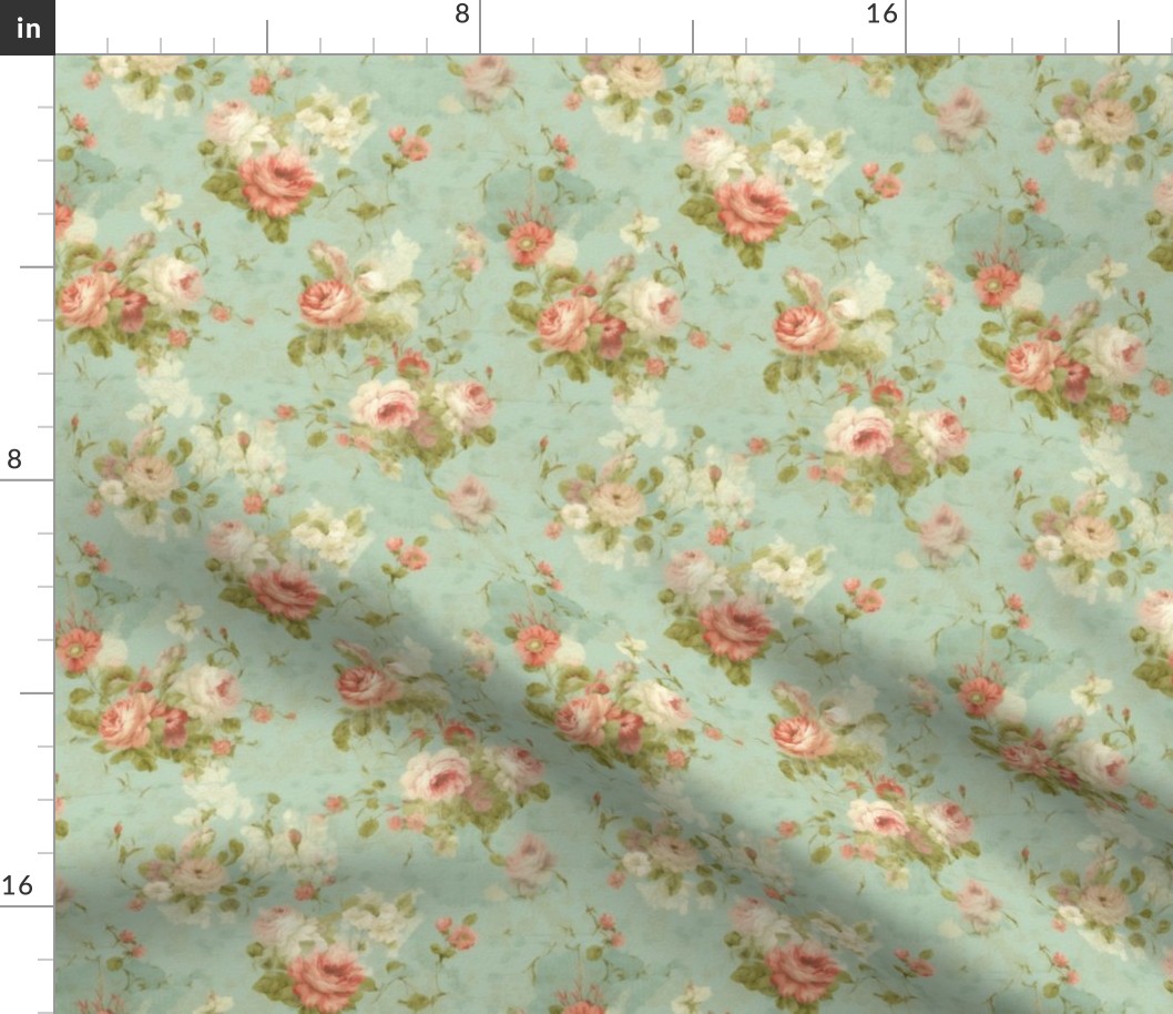 Coral Roses blue green Vintage style 