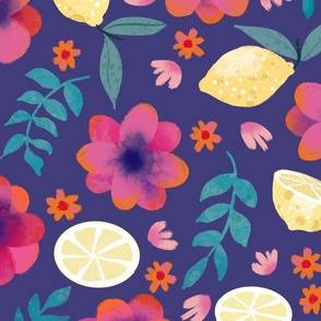 pink floral with lemons on dark purple large