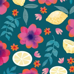 pink floral with lemons green large