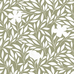 Large | Monochrome Textured Floral White on Sage