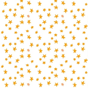 Yellow orange gold textured drawn party star scattered on white