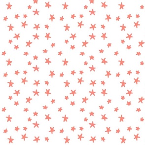 Coral orange scattered textured drawn stars on white