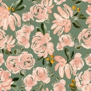 Small - Watercolour Blush Cream Floral Blooms II - Mint Green - 6x6 fabric // 24x24 wallpaper