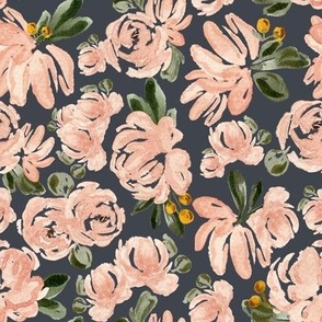 Medium -Watercolour Blush Cream Floral Blooms II - Navy - 8x8 fabric // 24x24 wallpaper