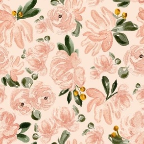 Medium -Watercolour Blush Cream Floral Blooms II - Pale Pink - 9x9 fabric // 24x24 wallpaper