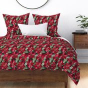 Embroidered Red Poinsettias Dark Green BG Rotated - Large Scale