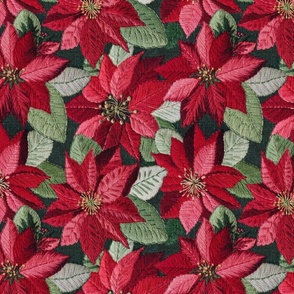 Embroidered Red Poinsettias Dark Green BG Rotated - Large Scale