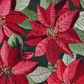 Embroidered Red Poinsettias Dark Green BG Rotated - XL Scale