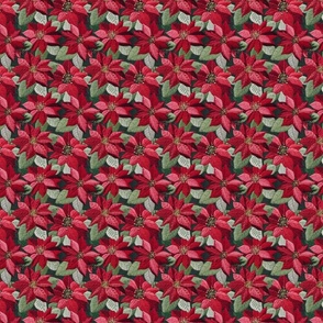 Embroidered Red  Poinsettias Dark Green BG - XS Scale