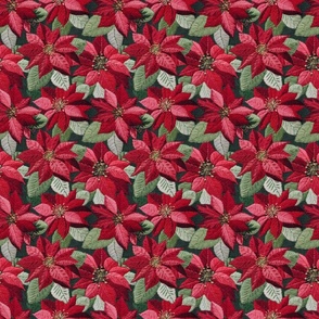 Embroidered Red  Poinsettias Dark Green BG - Small Scale