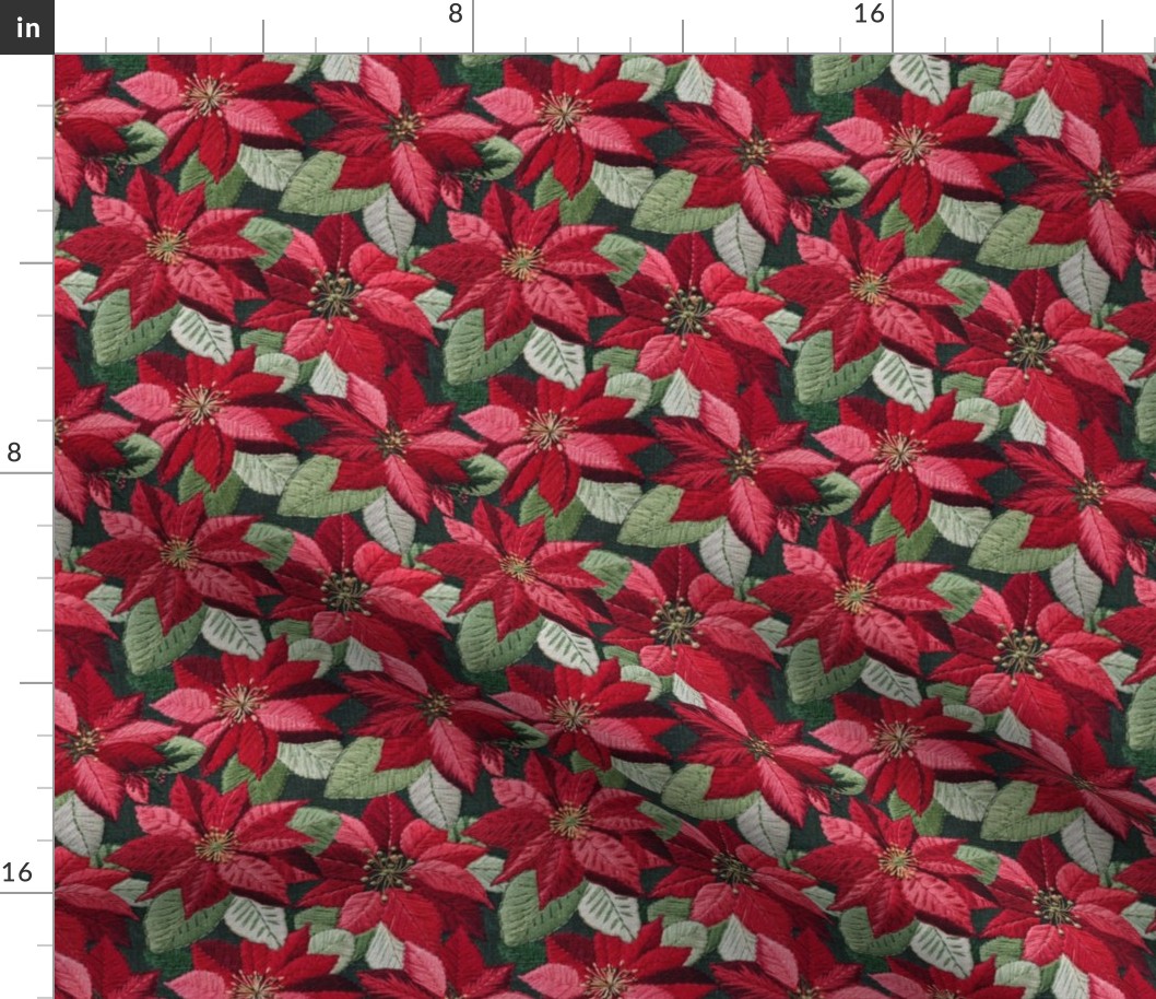 Embroidered Red  Poinsettias Dark Green BG - Small Scale